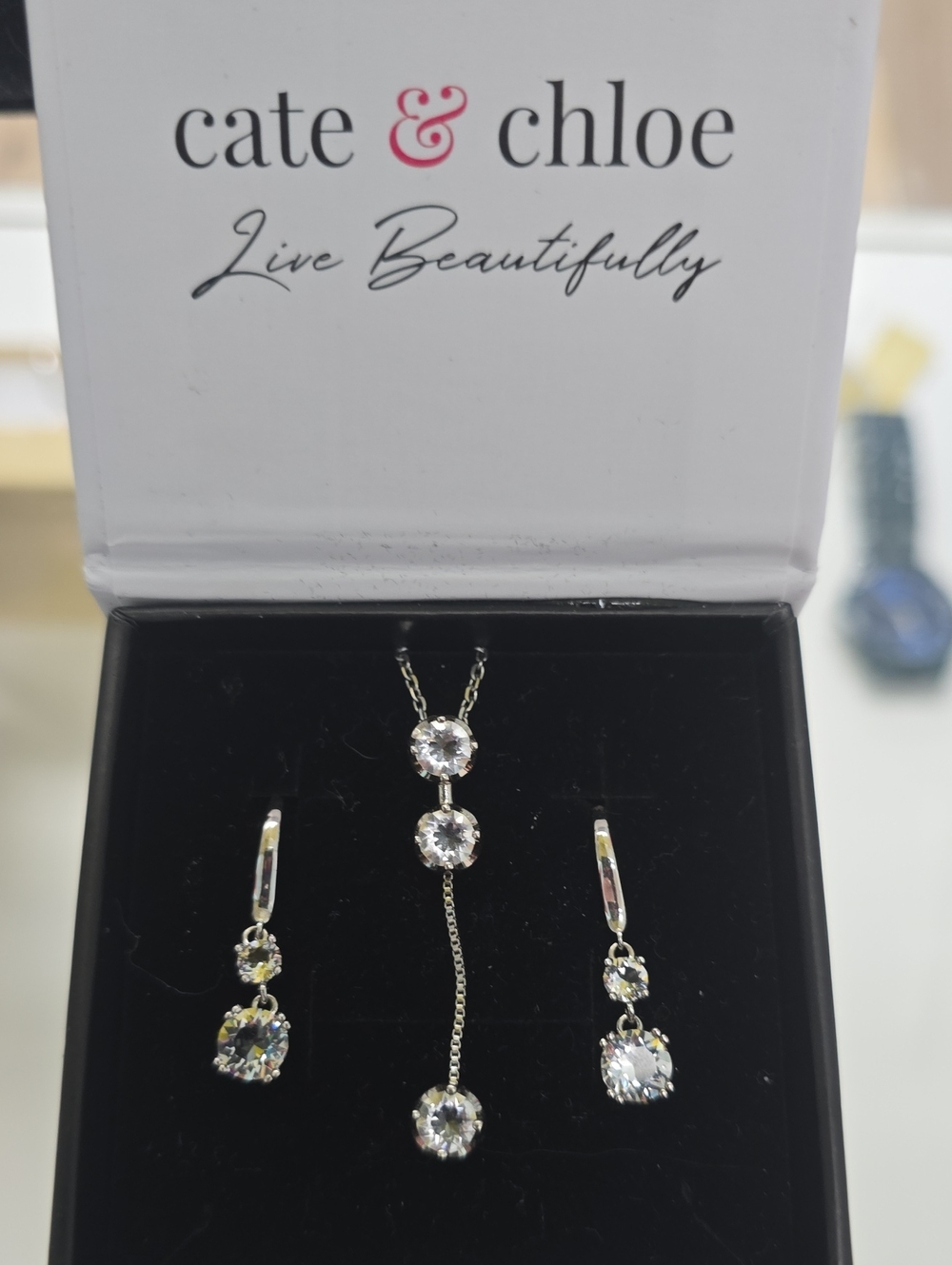 Cate & Chloe Silver Crystal Drop Necklace and Earring Set - White Crystal